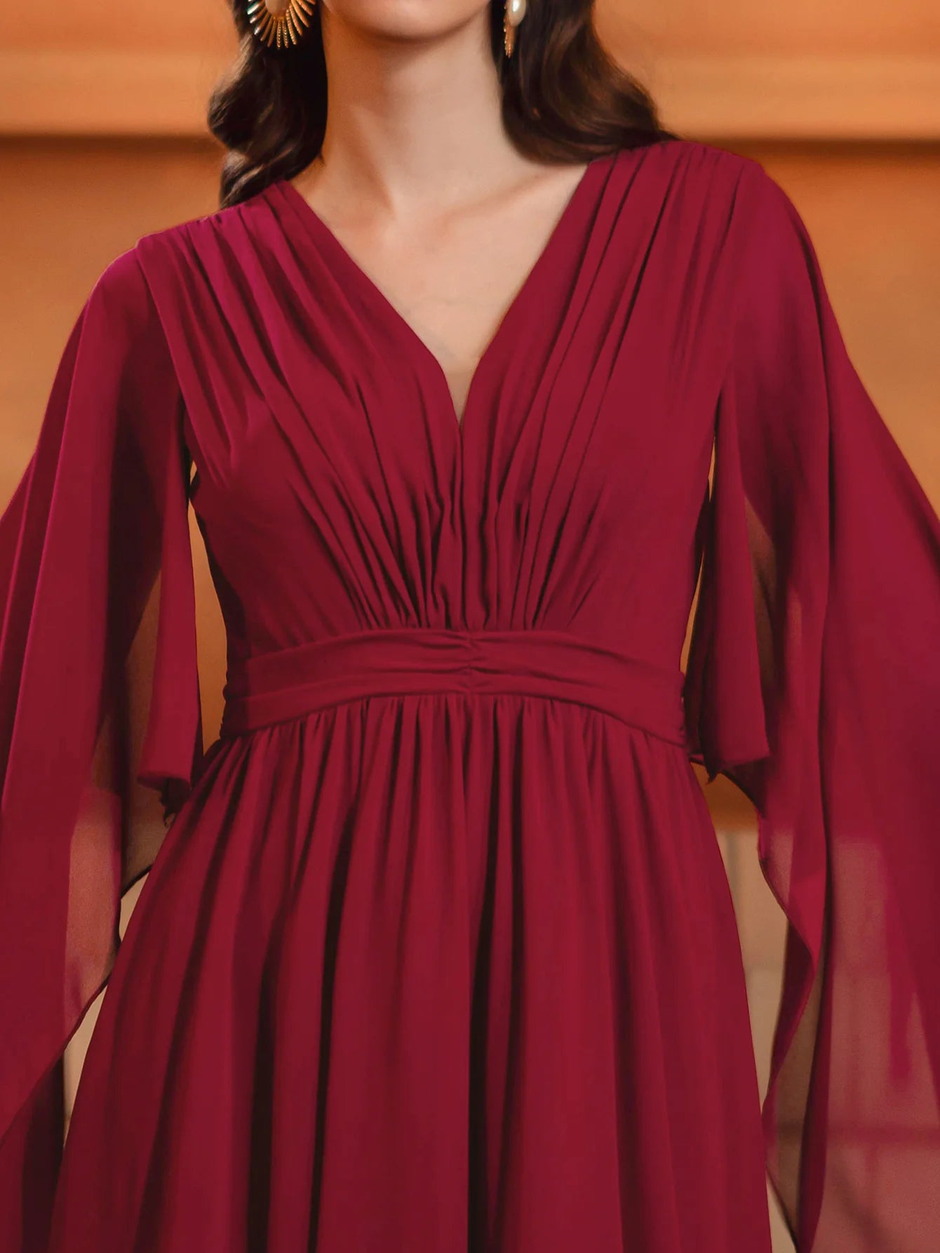 Modern A-Line V-Neck Cape Sleeve Back Zip Floor-Length Prom Dress